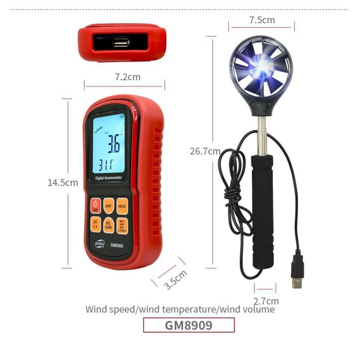 Анемометр (вимірювач потоку повітря) 0,3-45 м/с, 0-45 °C BENETECH GM8909