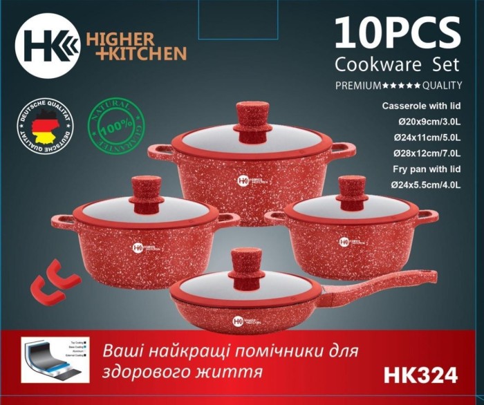 Набор кастрюль с антипригарным гранитным покрытием и сковородой Higher Kitche 10 предметов НК 324 Красный