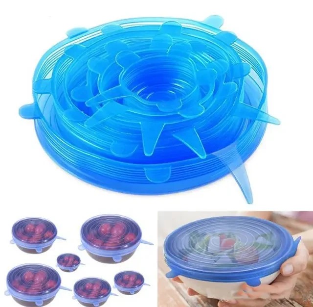 Набор многоразовых силиконовых крышек для посуды 6 штук Super Stretch SILICONE Lids СИНИЕ