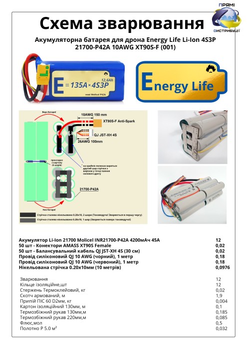 Акумуляторна батарея для дрона 4S3P Energy Life 12600мАч Moliсel 21700-P42A Li-Ion 10AWG XT90S-F