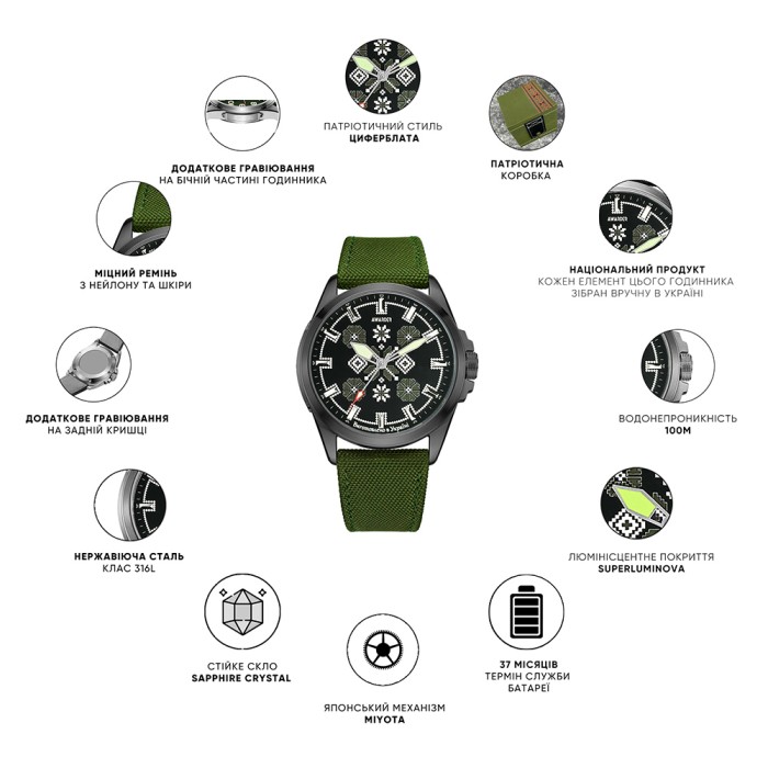 Awarder Embroidery Silver-Army Green Black Battery 10ATM
