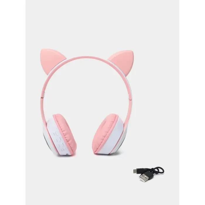 Беспроводные наушники с кошачьими ушками Cat MZ-023 Гарнитура RGB подсветкой FM microSD Розовые