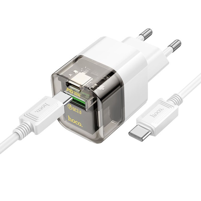 МЗП Hoco C131A Platium PD30W+QC3.0 (1USB-A/1C) + кабель Type-C to Type-C Transparent black