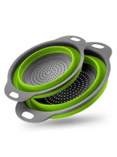 Дуршлаг силиконовый складной 2 шт в комплекте (большой + маленький) Collapsible filter baskets, зеленый