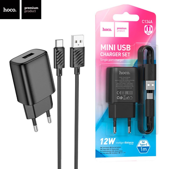 Сетевое зарядное устройство Hoco C134A 1USB 2.4A Type-C black