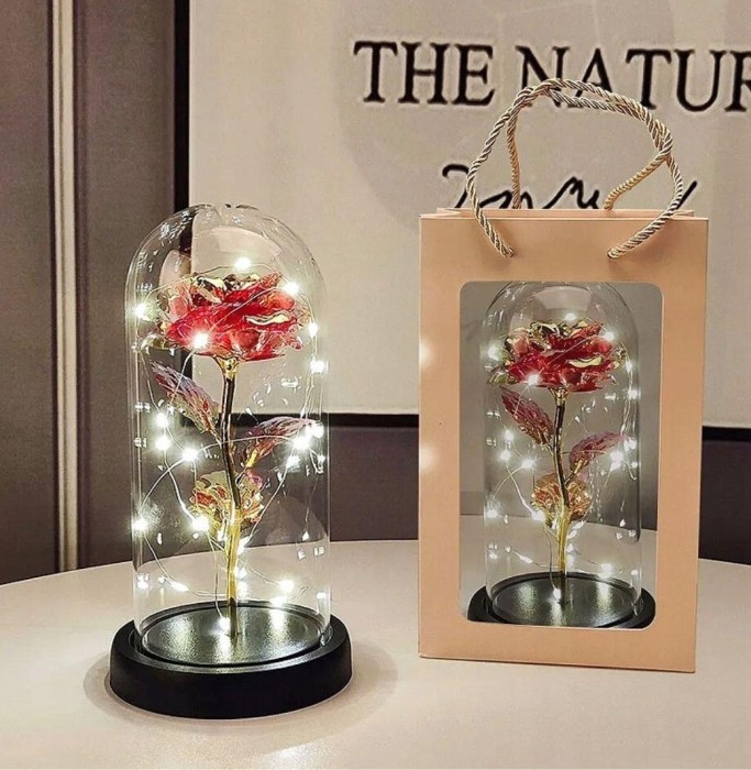 Роза в стеклянной колбе LED RED GOLD с LED подсветкой Rose of Love Красная