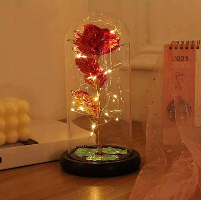 Роза в стеклянной колбе LED RED GOLD с LED подсветкой Rose of Love Красная