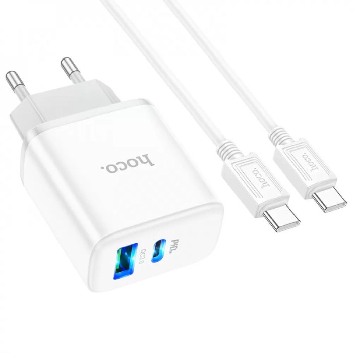 МЗП Hoco C105A Stage PD20W+QC3.0 (1USB-A/1C) + кабель Type-C to Type-C White