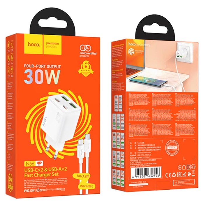 МЗП Hoco N56 Fundador PD30W four-port (2USB-A/2C) + кабель Type-C to Type-C Black