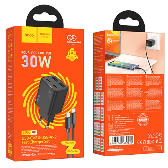 МЗП Hoco N56 Fundador PD30W four-port (2USB-A/2C) + кабель Type-C to Type-C Black