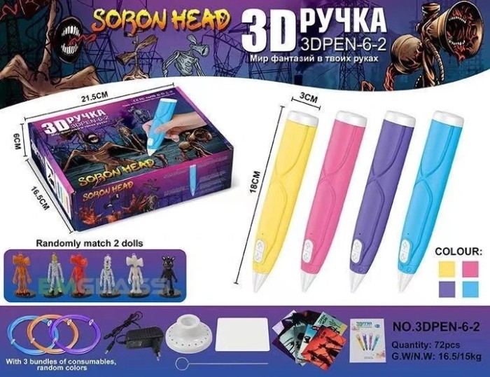 Детская 3D Ручка для рисования с эко пластиком 3Д 3D-6-2 набор с трафаретами