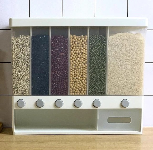 ОРГАНАЙЗЕР для сыпучих продуктов Assorted Grain Rice Bucket Диспенсер, с кнопкой дозатором для круп 6 секций